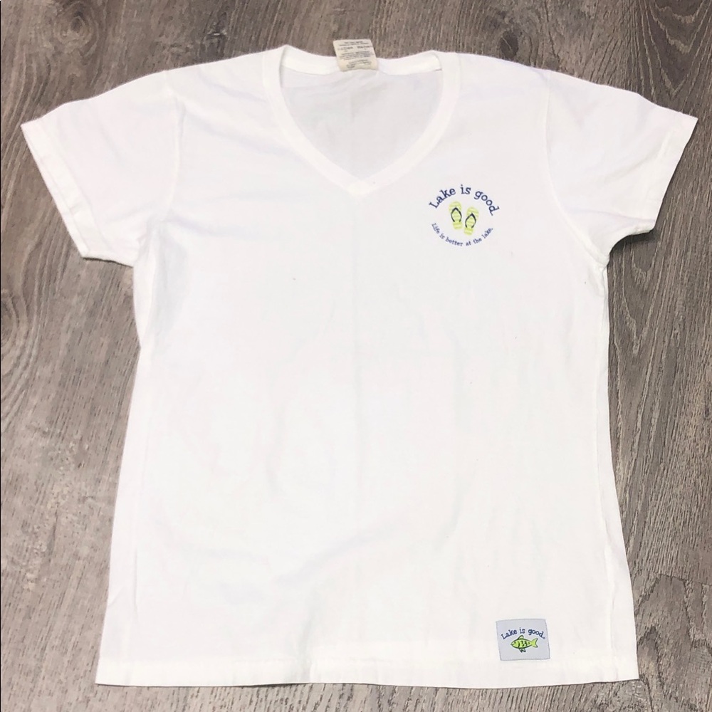 Women White V-Neck Tee with Lake is Good Life is better on the Lake
